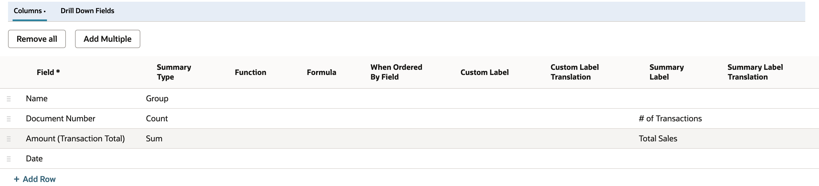 Results columns: Name Group, Document Number Count labelled # of Transactions, Amount (Transaction Total) Sum labelled Total Sales, Date with no summary type