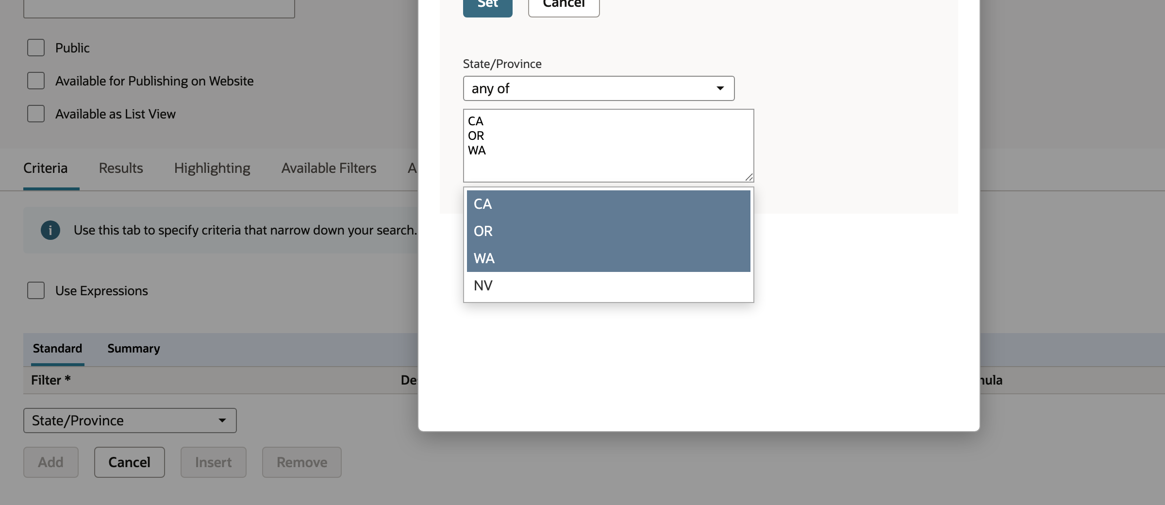Customer search criteria show State/Province values CA and WA.