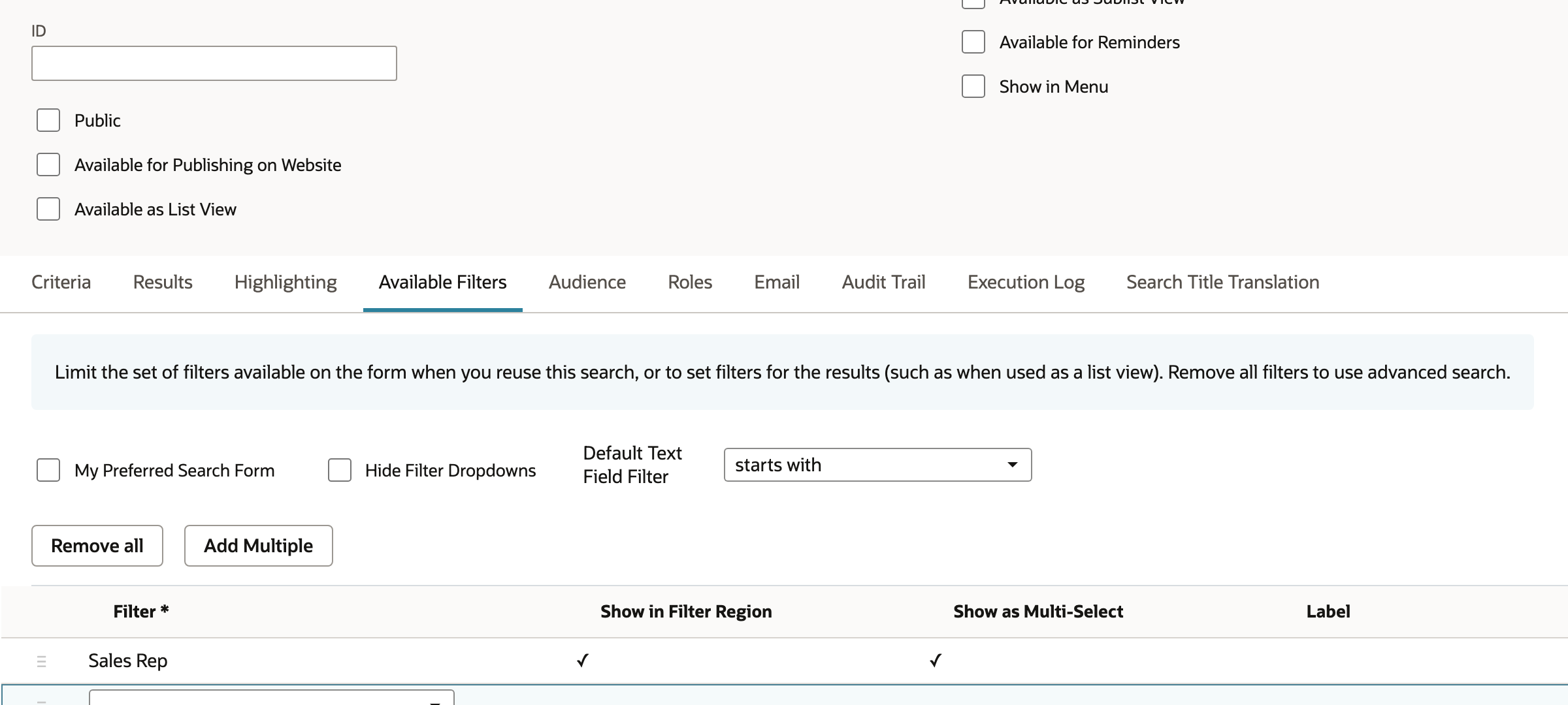 Sales Rep Available Filter row has Show in Filter Region and Show as Multi-Select checked.