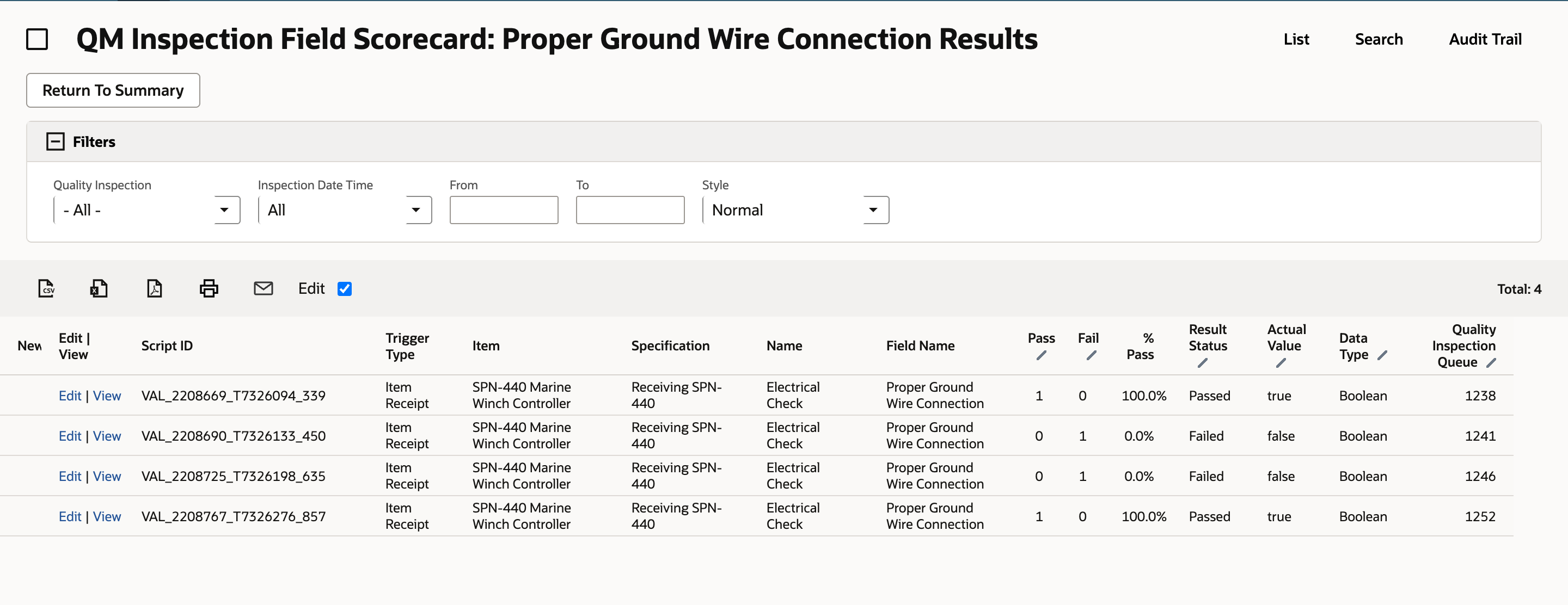 Four results for Proper Ground Wire Connection. Two have Result Status Passed and Actual Value true. Two have Failed and false.