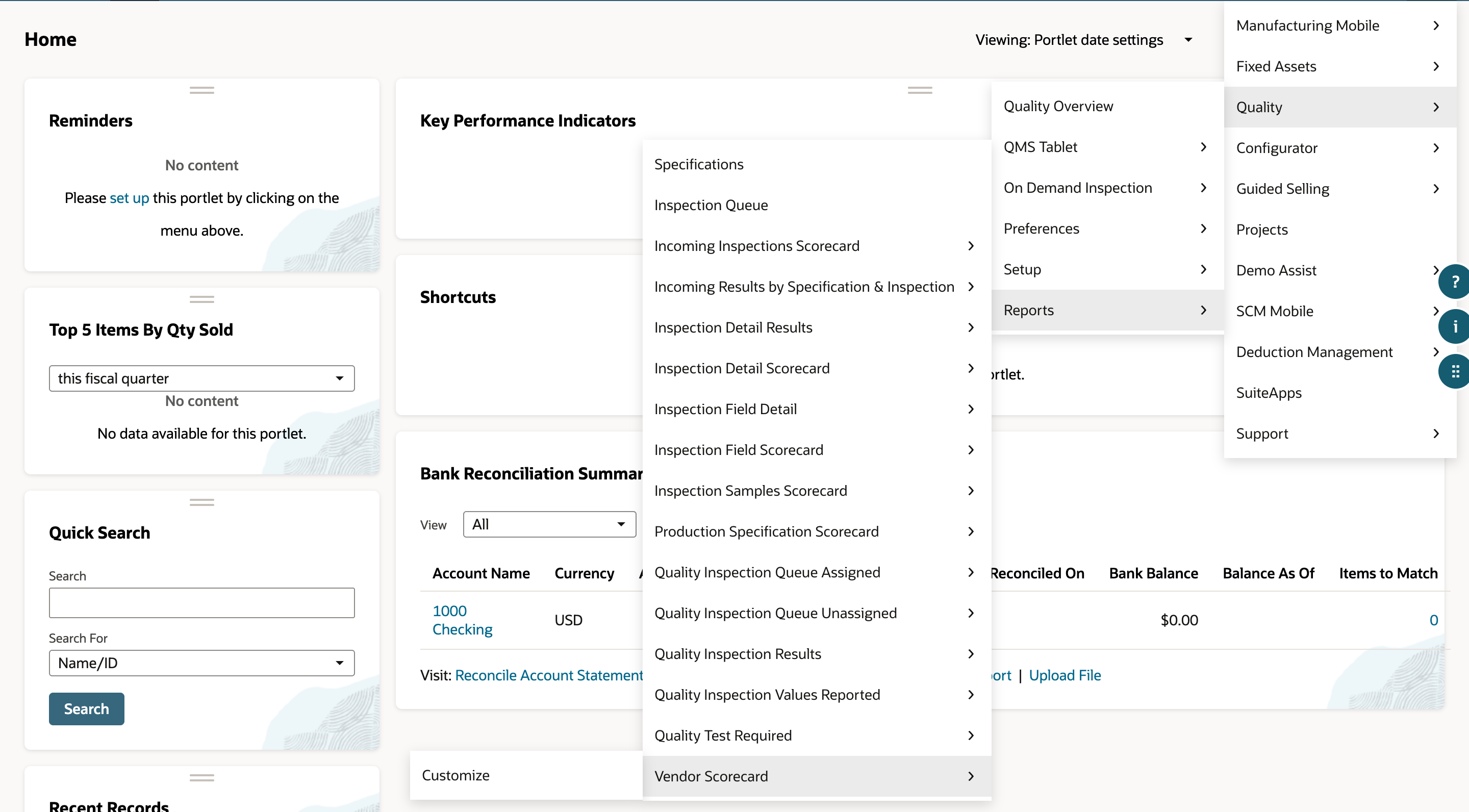 The Quality menu open to Reports, listing Vendor Scorecard and Inspection Field Scorecard among the Quality Management reports.