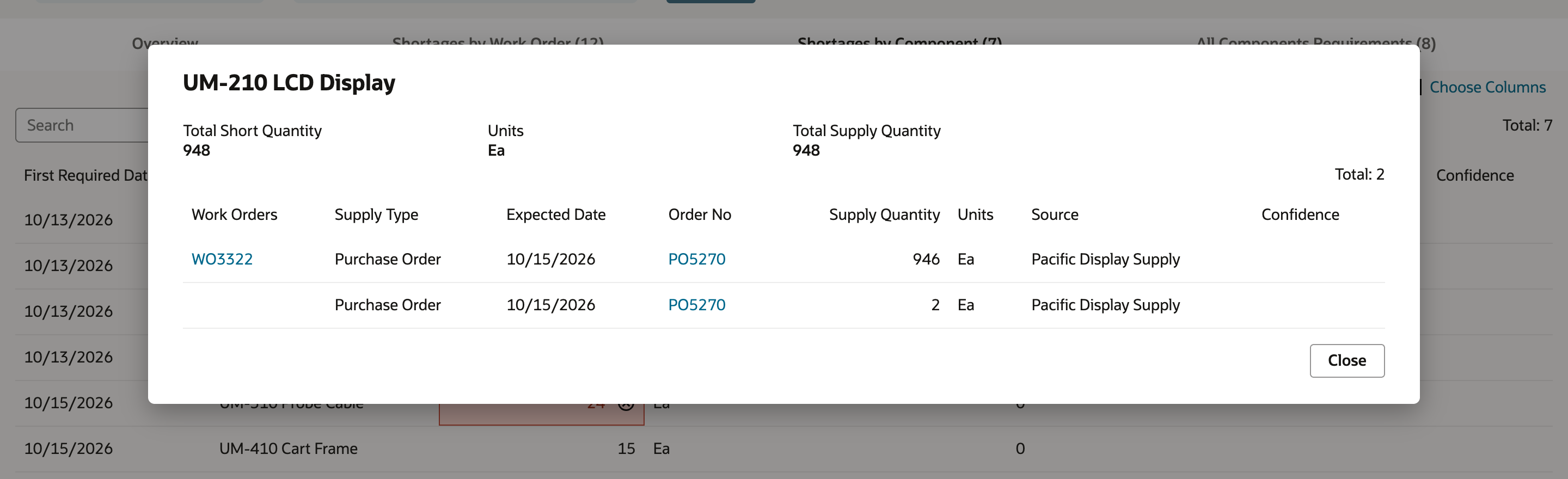 Supply dialog for UM-210 LCD Display with two purchase order rows: 946 for WO3322 and 2 with no work order.