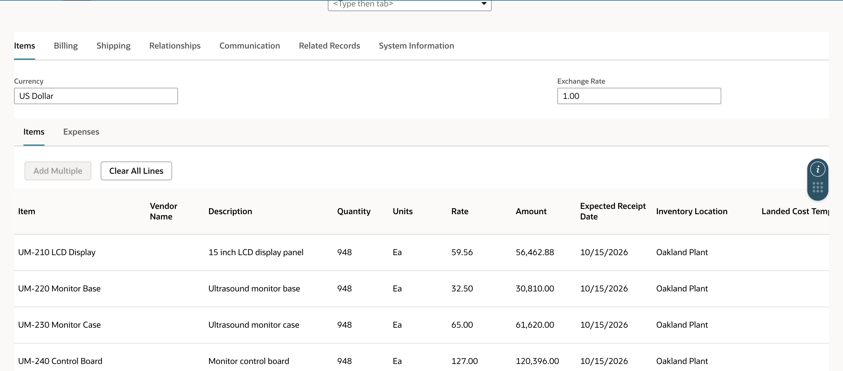 Items subtab with four lines of 948 for the UM-210, UM-220, UM-230 and UM-240 components, each with Expected Receipt Date 10/15/2026 and Inventory Location Oakland Plant.