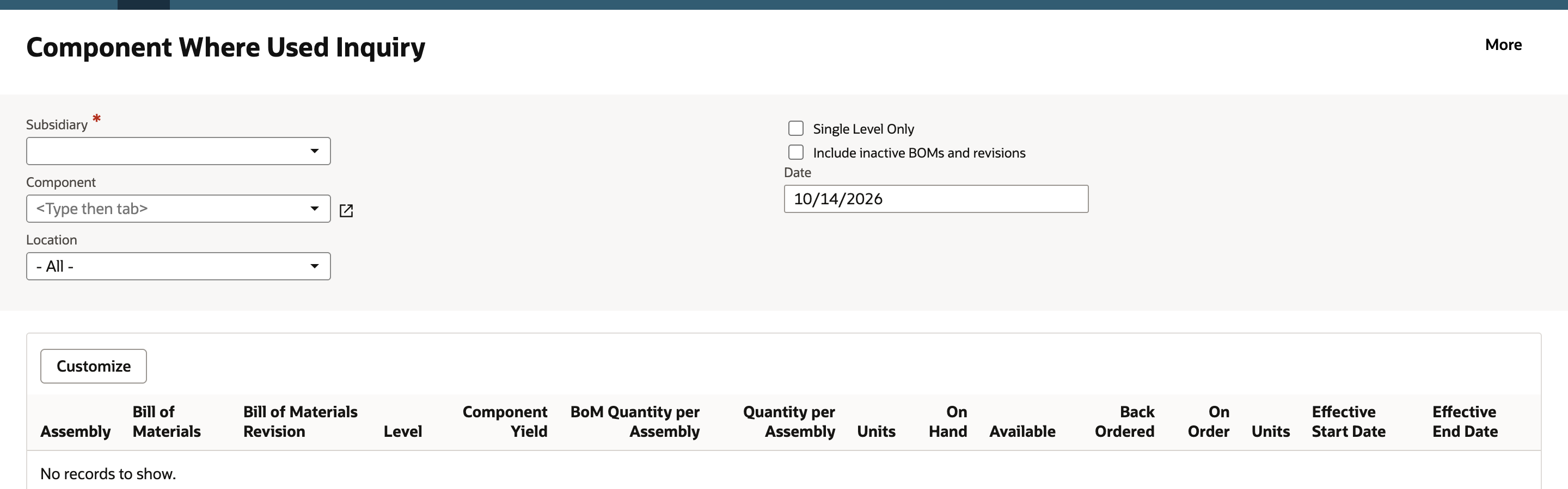 The empty Component Where Used Inquiry page shows the filters and the fifteen result columns.