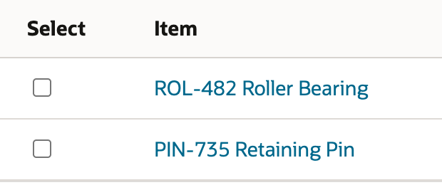 The list contains ROL-482 Roller Bearing and PIN-735 Retaining Pin, with both Select boxes unchecked.