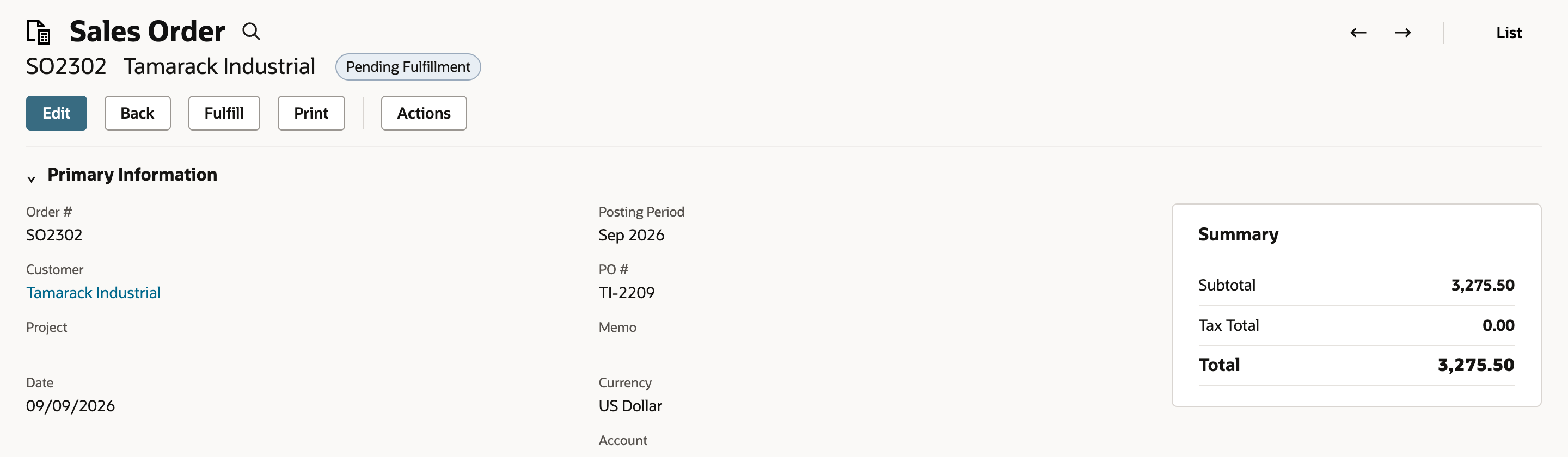 Sales Order SO2302 for Tamarack Industrial, Pending Fulfillment, with Customer Tamarack Industrial and PO # TI-2209; an arrow points to TI-2209