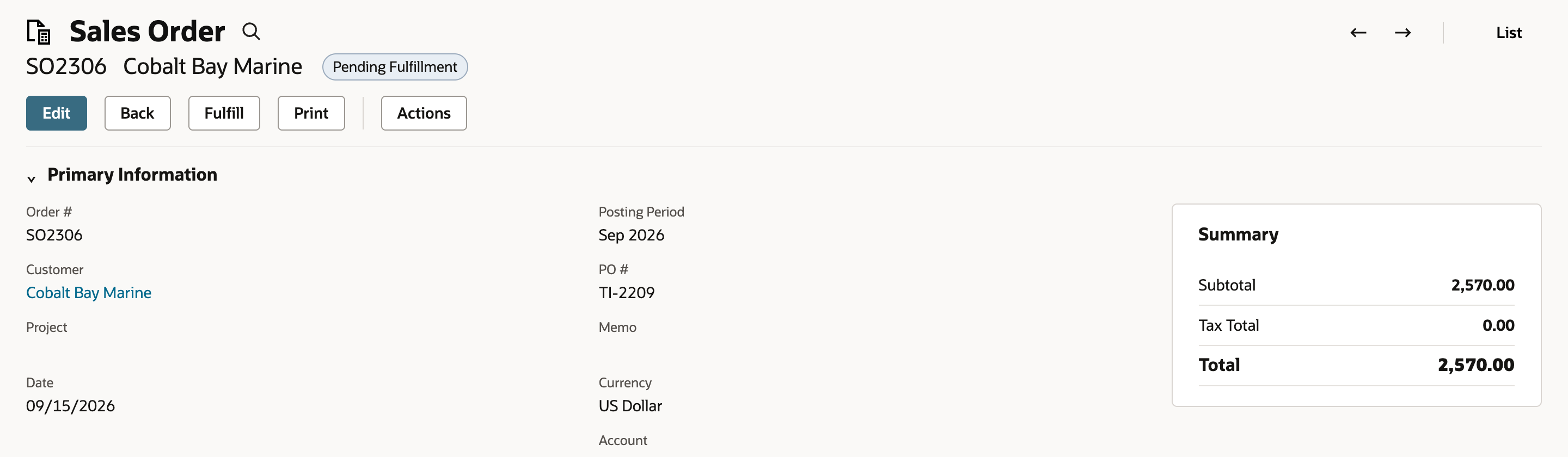 Sales Order SO2306 for Cobalt Bay Marine, Pending Fulfillment, with Customer Cobalt Bay Marine and PO # TI-2209; an arrow points to TI-2209