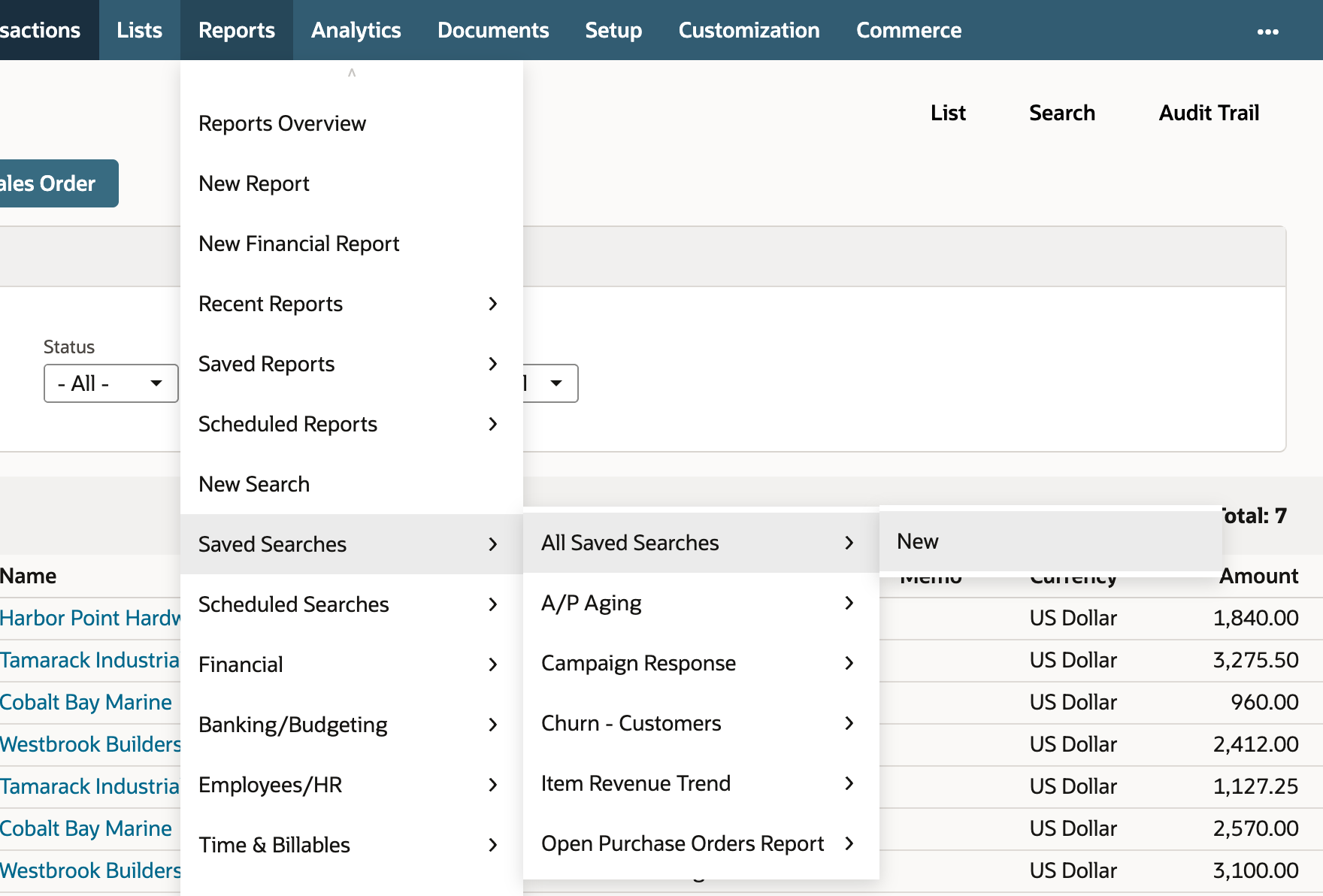 Reports menu open with Saved Searches, then All Saved Searches, then New highlighted in the flyouts