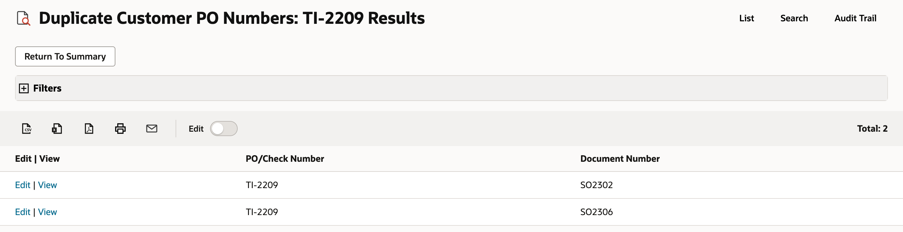 Duplicate Customer PO Numbers: TI-2209 Results with Total: 2, listing SO2302 and SO2306, both with PO/Check Number TI-2209