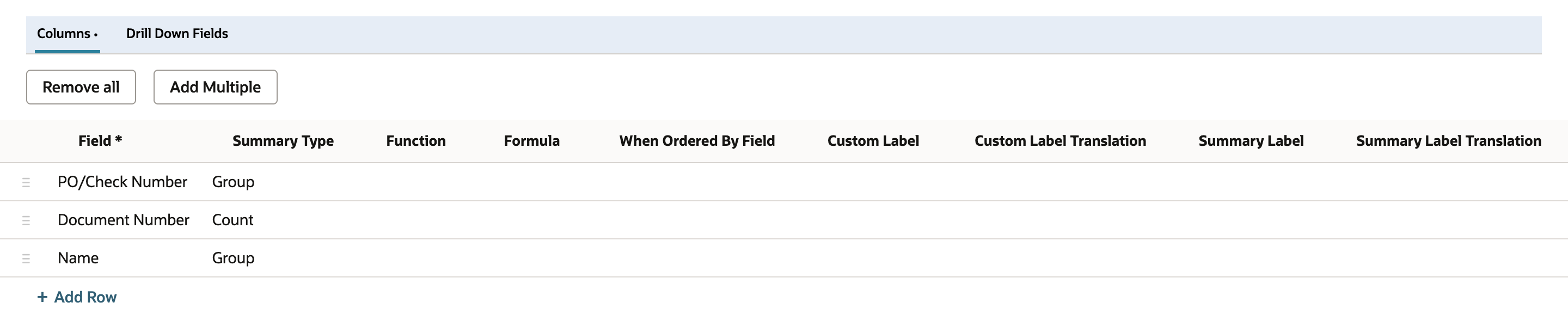 Results Columns subtab with a third row added: Name with Summary Type Group below PO/Check Number Group and Document Number Count