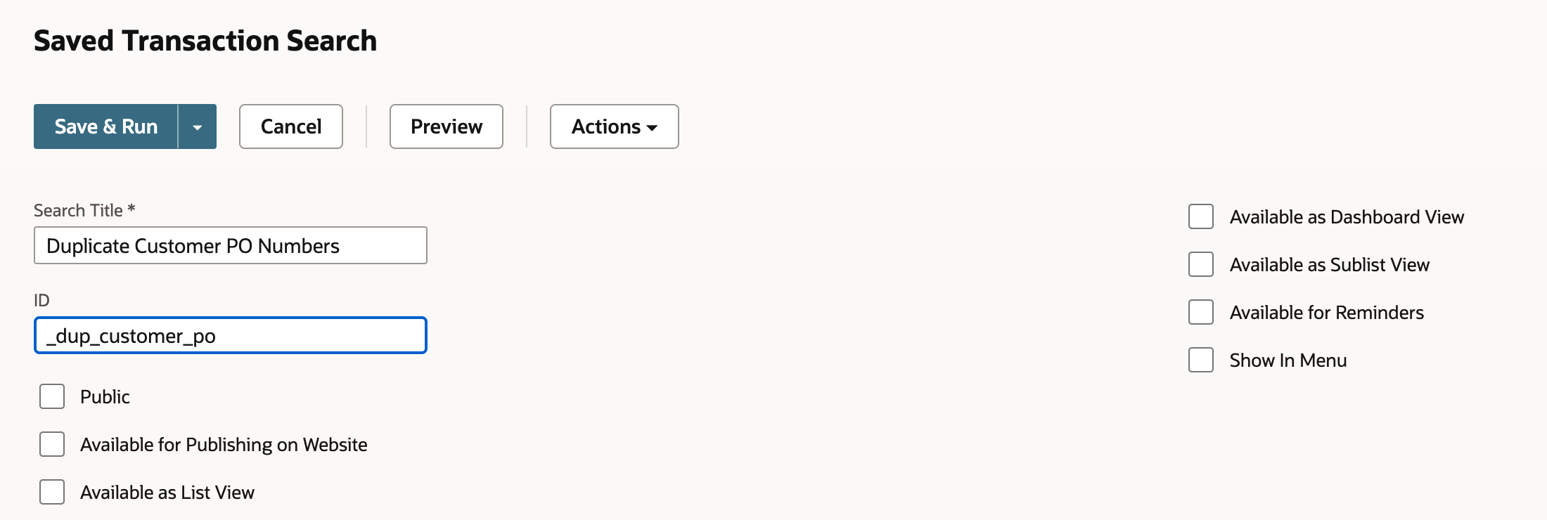 Saved Transaction Search form with Search Title Duplicate Customer PO Numbers and ID _dup_customer_po