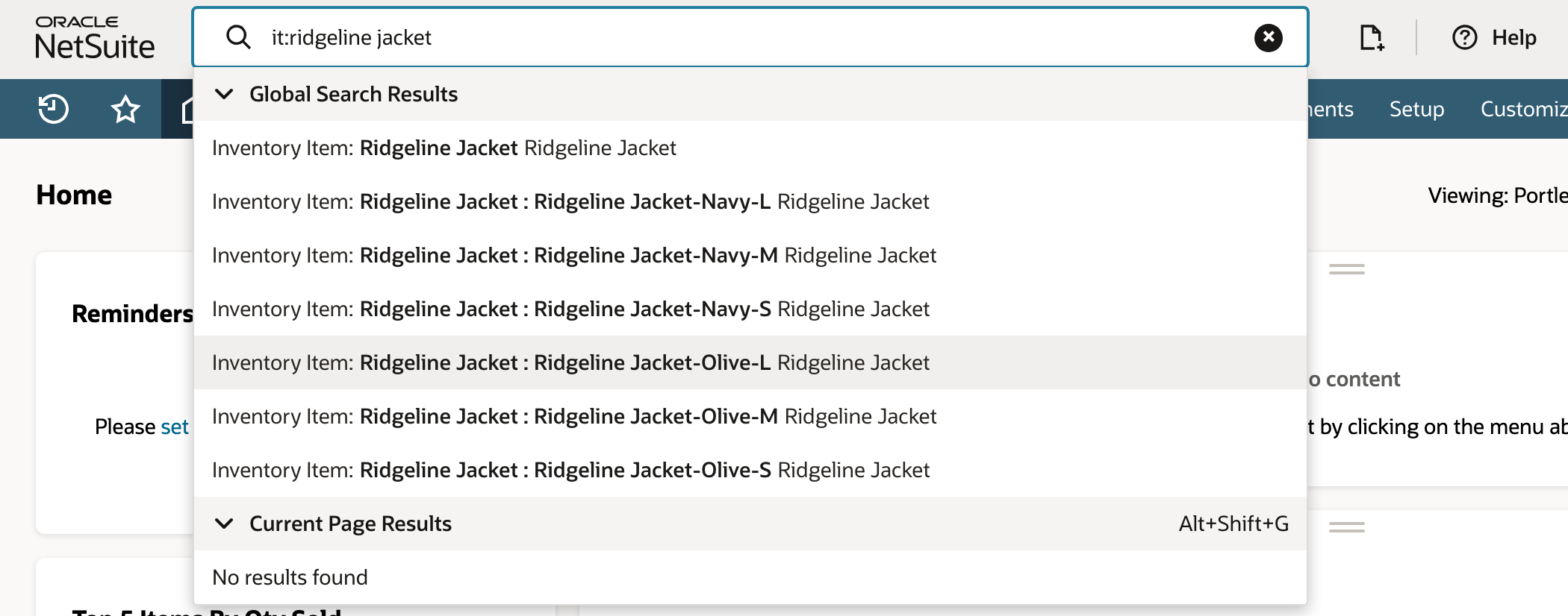 Global Search results for it:ridgeline jacket. Seven Inventory Item results are listed: the parent Ridgeline Jacket, then Navy-L, Navy-M, Navy-S, Olive-L, Olive-M and Olive-S. An arrow points to the Olive-L result.
