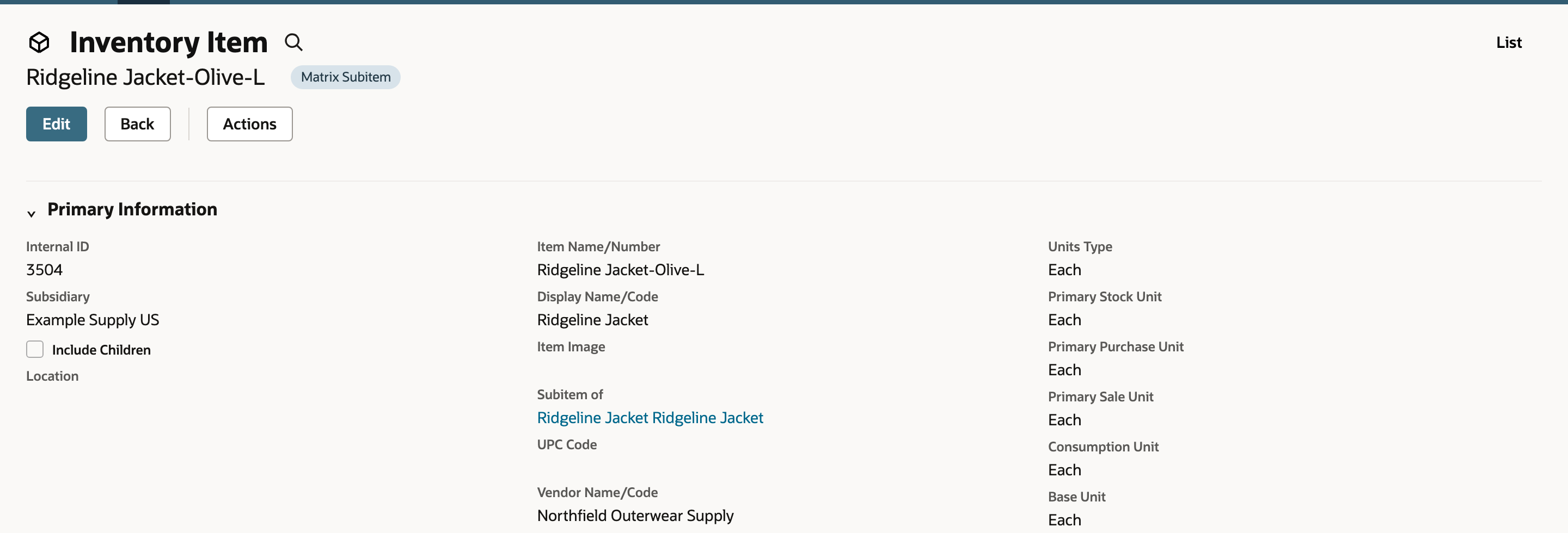 The Ridgeline Jacket-Olive-L item record. A Matrix Subitem tag with an arrow pointing to it is beside the name. Item Name/Number reads Ridgeline Jacket-Olive-L, and Subitem of is a link to Ridgeline Jacket.