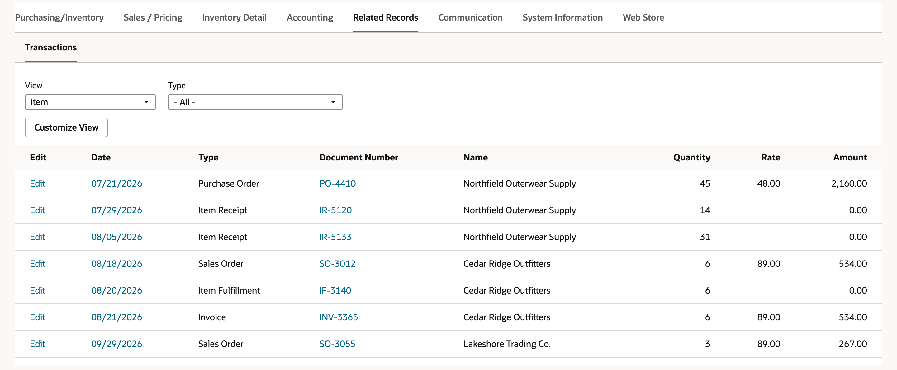 The Related Records tab of Ridgeline Jacket-Olive-L. The Transactions list shows a purchase order, two item receipts, sales order SO-3012 for Cedar Ridge Outfitters, an item fulfillment, an invoice, and sales order SO-3055 for Lakeshore Trading Co.