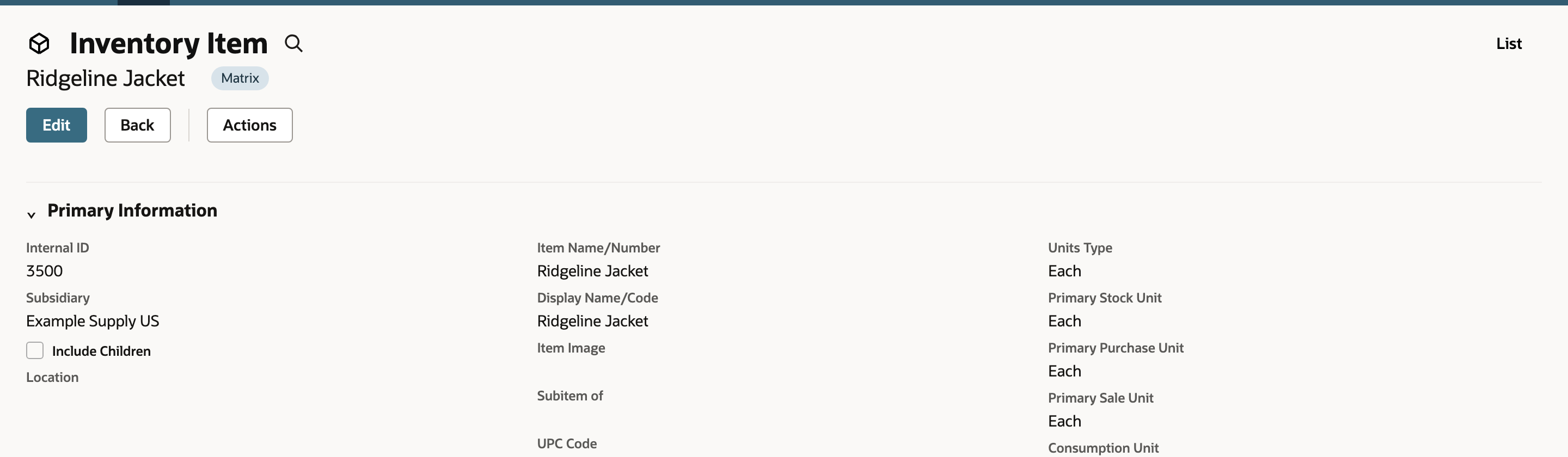 The Ridgeline Jacket parent item record. A Matrix tag with an arrow pointing to it is beside the name, and Subitem of is empty.