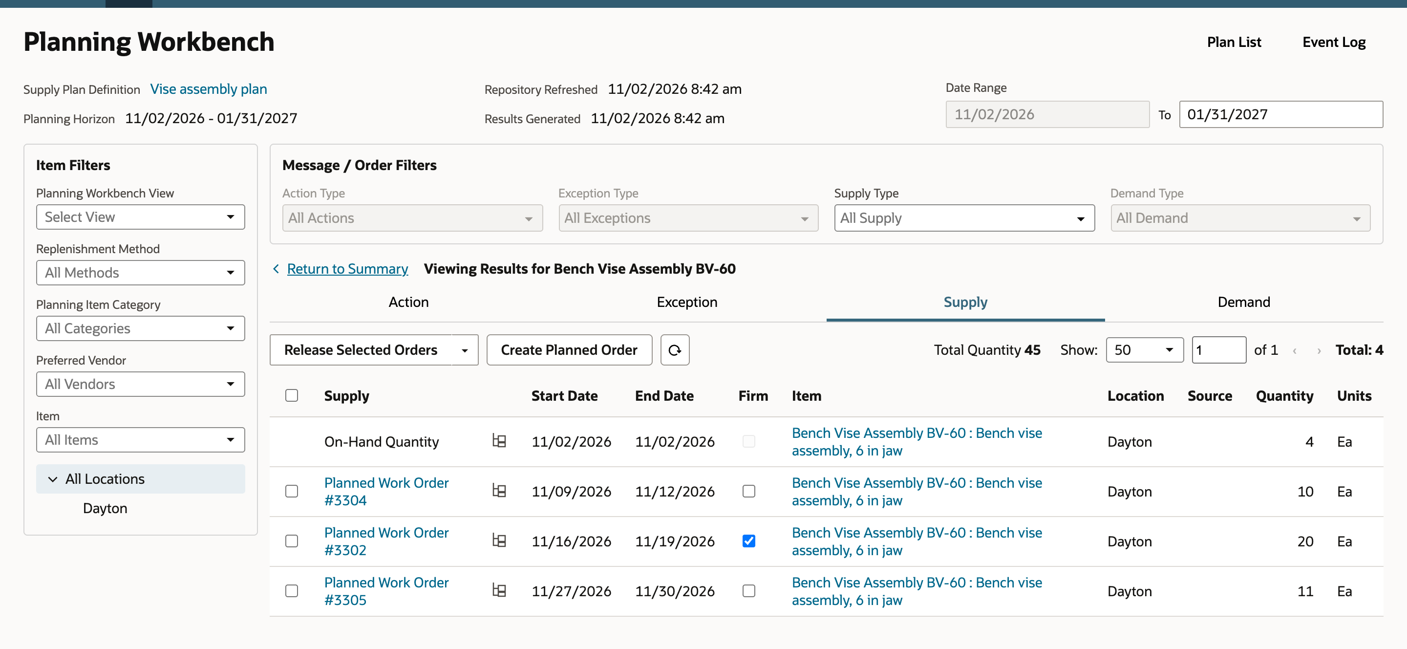 Planning Workbench Supply tab for the new run with four rows: On-Hand Quantity 4 Ea, Planned Work Order #3304 for 10 Ea, Planned Work Order #3302 for 20 Ea with Firm checked, and Planned Work Order #3305 for 11 Ea.
