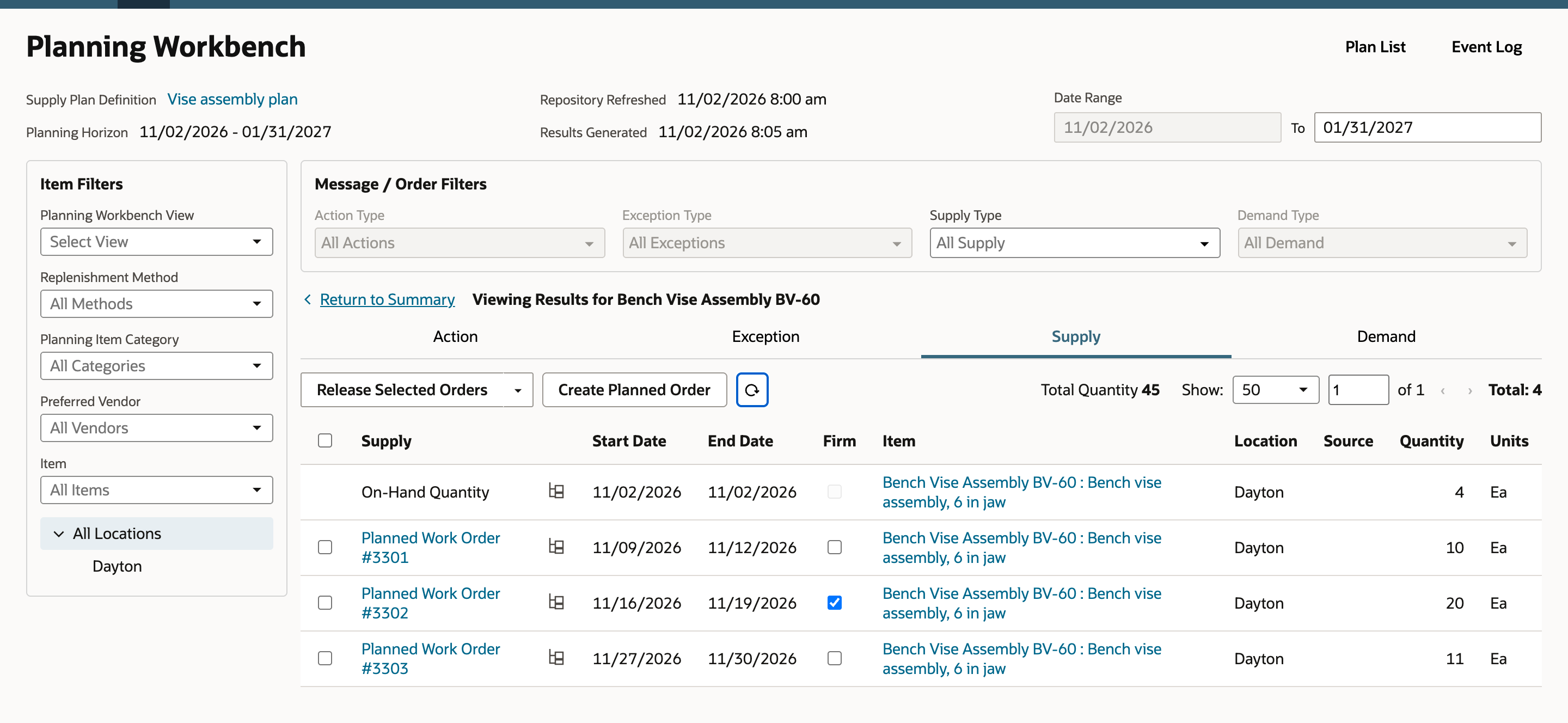 Planning Workbench Supply tab after selecting Refresh data. The Firm box on Planned Work Order #3302 is checked. The Firm boxes on #3301 and #3303 are cleared.