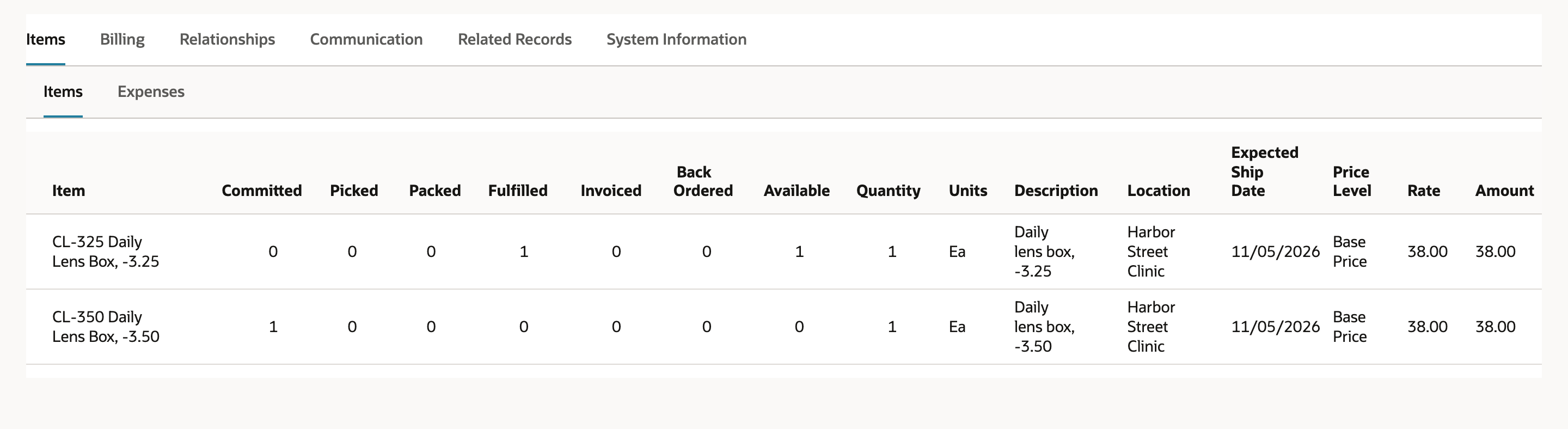 The Items subtab of sales order SO2210 after the adjustment. The CL-350 line shows Committed 1 and Back Ordered 0, with an arrow pointing at Committed 1.