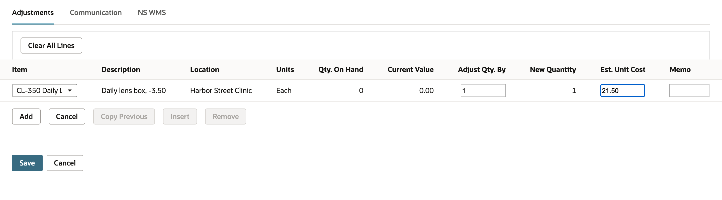 The Adjustments subtab line for CL-350 shows Qty. On Hand 0, Adjust Qty. By 1, New Quantity 1 and Est. Unit Cost 21.50, with an arrow pointing at the Adjust Qty. By field.