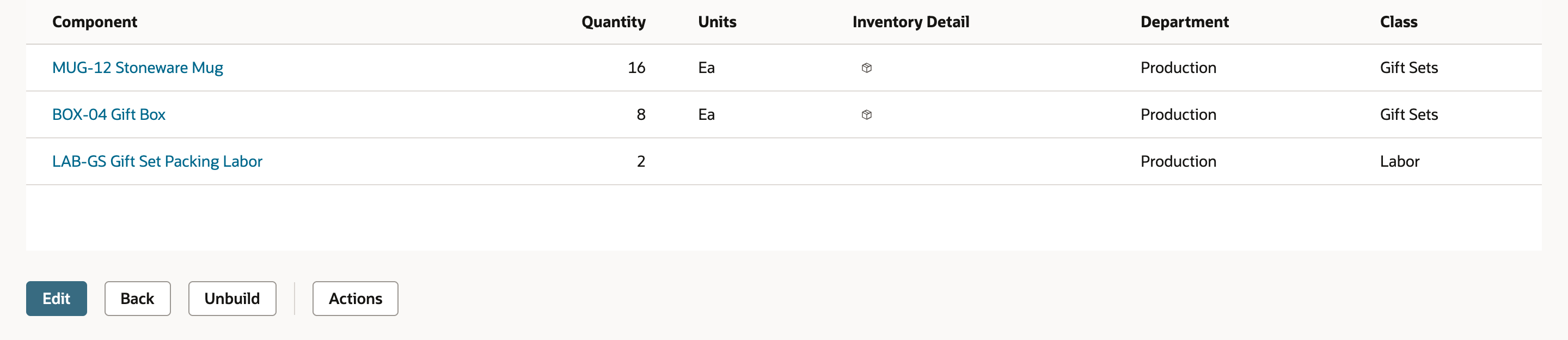 The Components subtab of saved Assembly Build ASSYB246 listing MUG-12 Stoneware Mug 16, BOX-04 Gift Box 8 and LAB-GS Gift Set Packing Labor 2, with Inventory Detail icons on the first two only.
