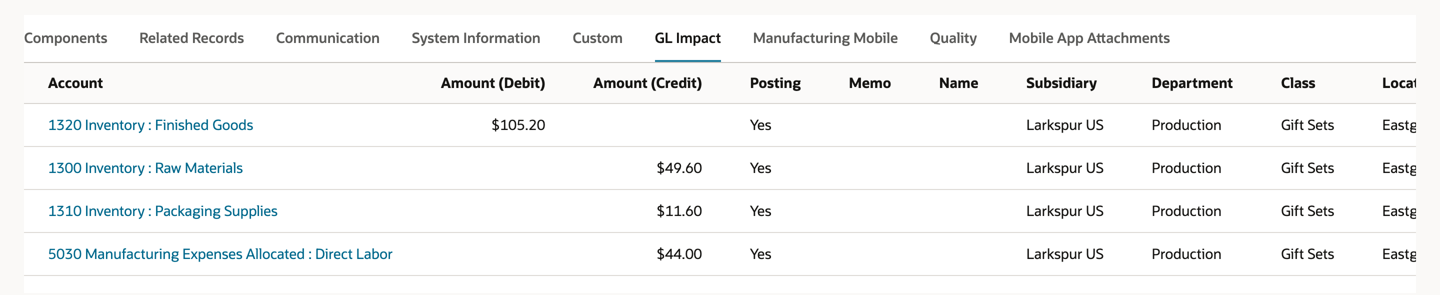 The GL Impact subtab of Assembly Build ASSYB246 debits 1320 Inventory : Finished Goods 105.20 and credits 1300 Inventory : Raw Materials 49.60, 1310 Inventory : Packaging Supplies 11.60 and 5030 Manufacturing Expenses Allocated : Direct Labor 44.00.