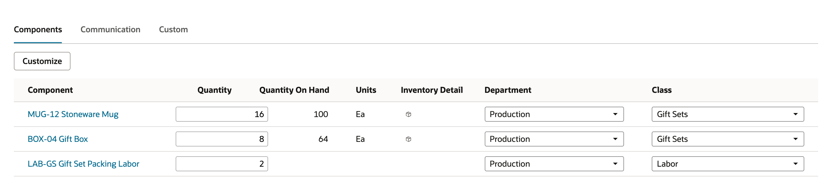 The Components subtab for 8 sets: MUG-12 Stoneware Mug 16 with Quantity On Hand 100, BOX-04 Gift Box 8 with 64, and LAB-GS Gift Set Packing Labor 2 with no Quantity On Hand and no Inventory Detail icon.
