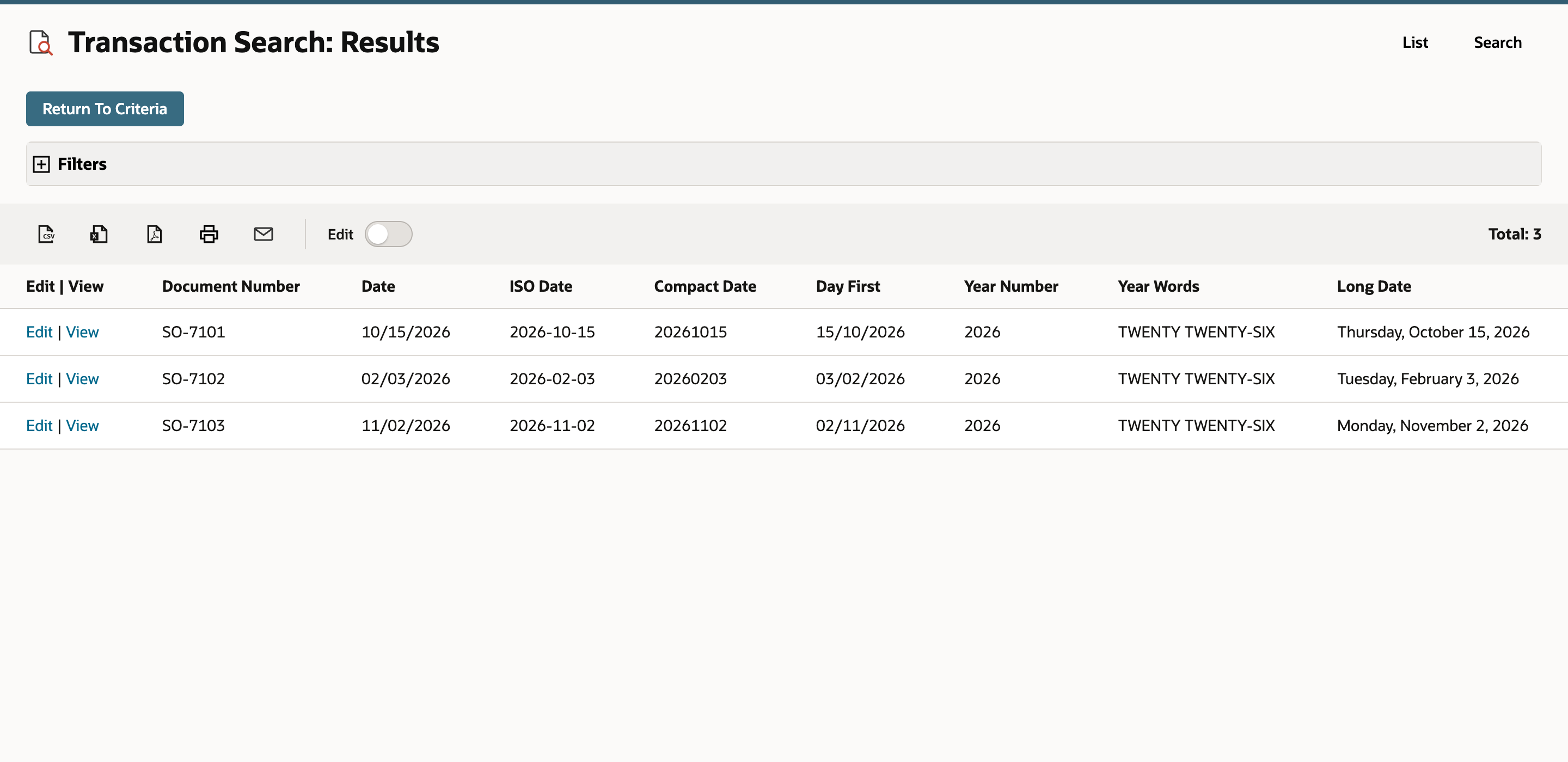 Preview results compare Date with ISO Date, Compact Date, Day First, Year Number, Year Words, and Long Date columns.