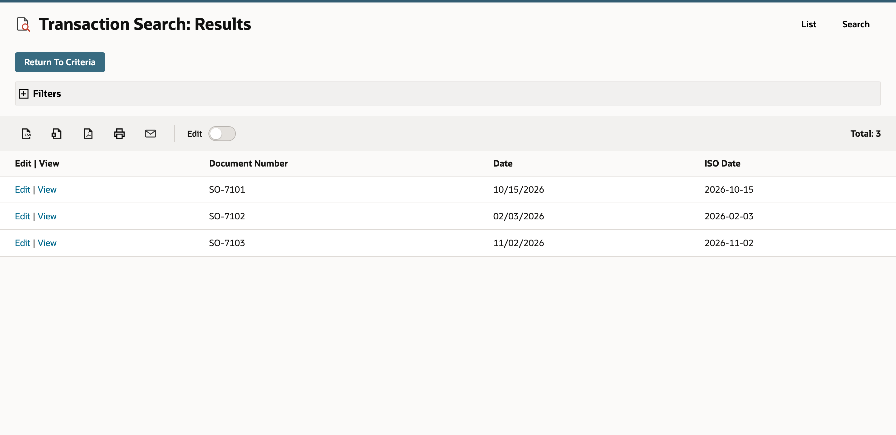 Transaction Search preview shows the original Date and a new ISO Date text column for three sales orders.