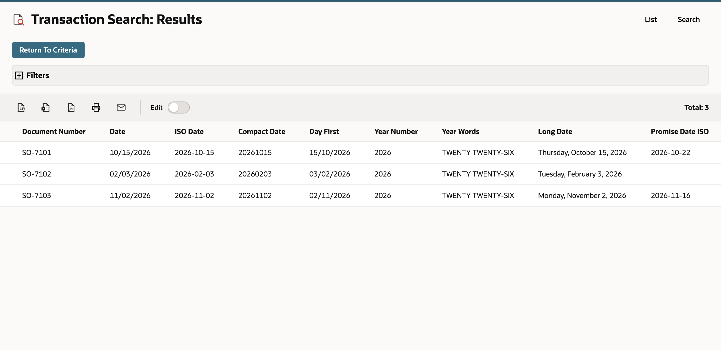 Search preview shows Promise Date ISO populated for some sales orders and blank for one, while the original Date stays visible.
