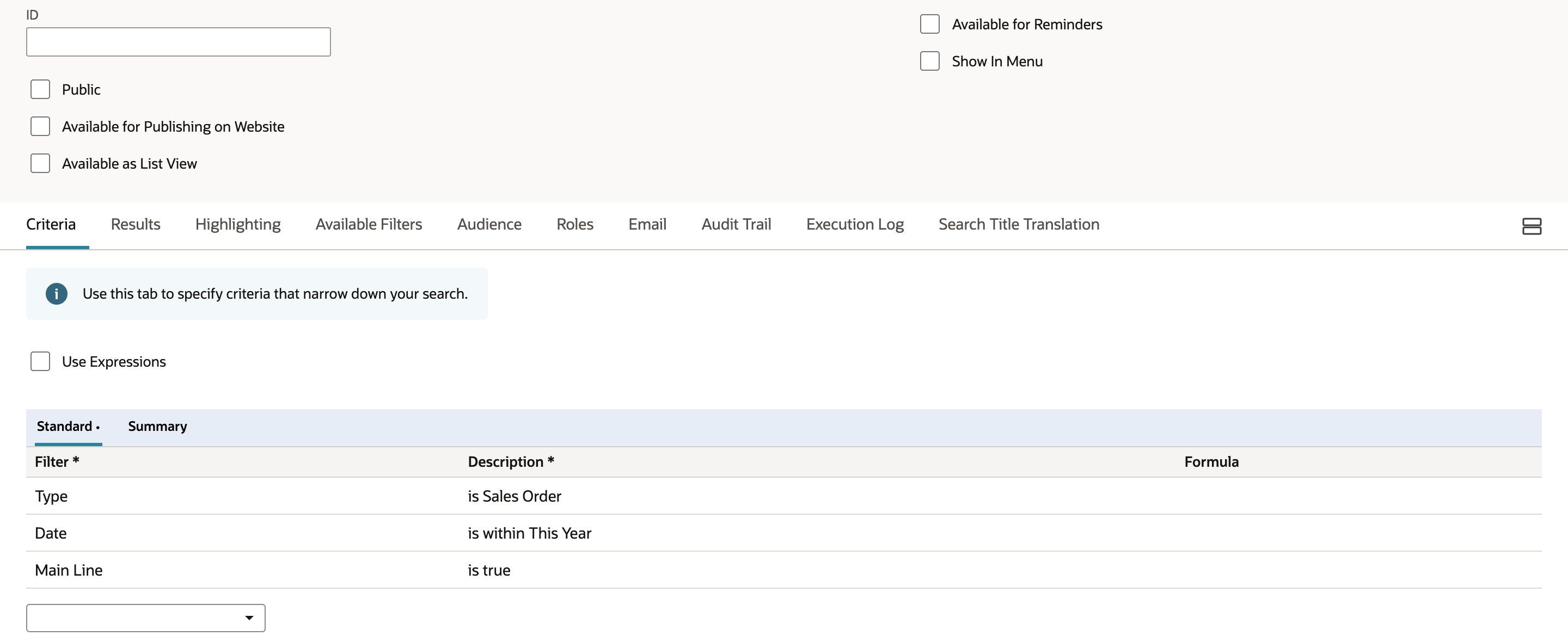 Saved Transaction Search criteria include Type is Sales Order, Date within This Year, and Main Line is Yes.