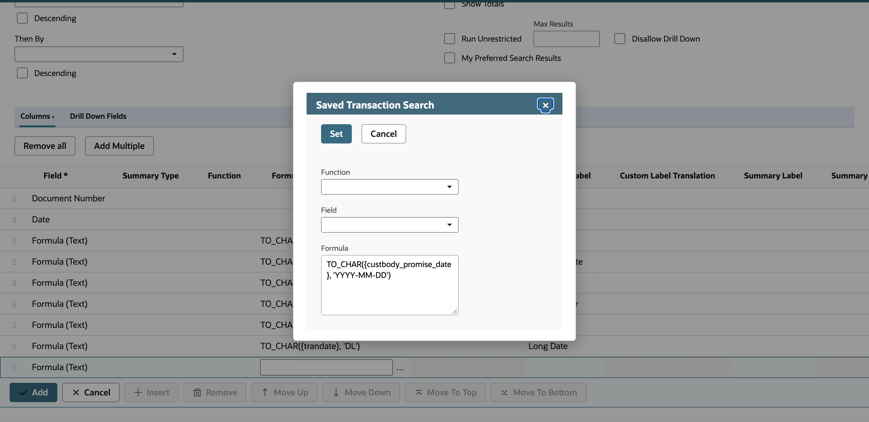The formula popup contains TO_CHAR around the Promise Date custom body field reference and a YYYY-MM-DD format model.