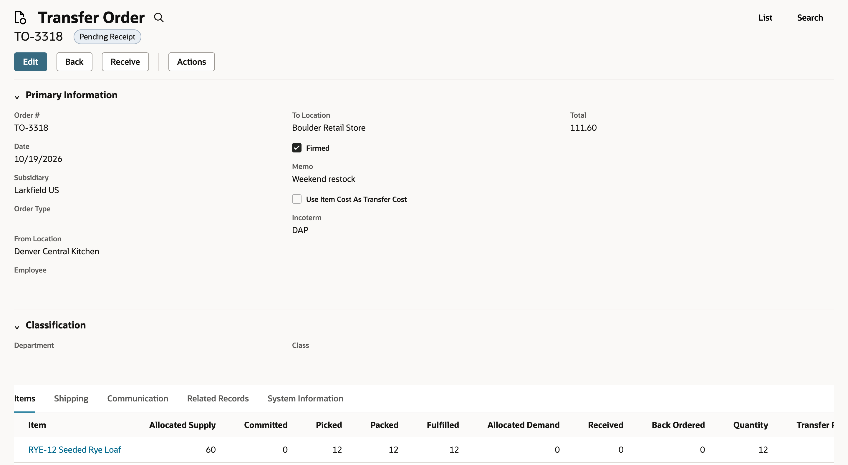 NetSuite transfer order TO-3318 with status Pending Receipt and a Receive button after the item fulfillment shipped