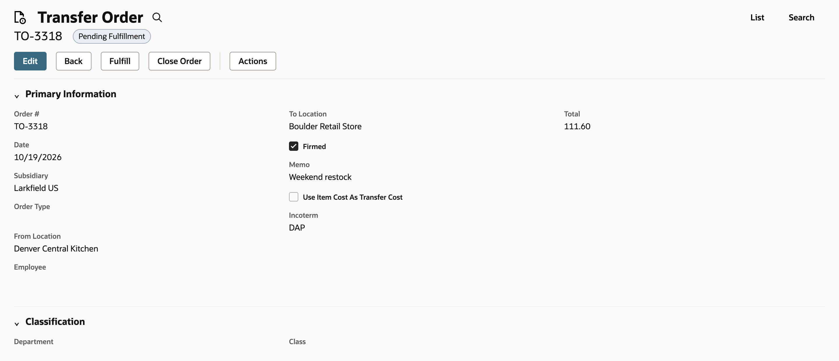 NetSuite transfer order TO-3318 with status Pending Fulfillment, a Fulfill button, and the From and To Locations