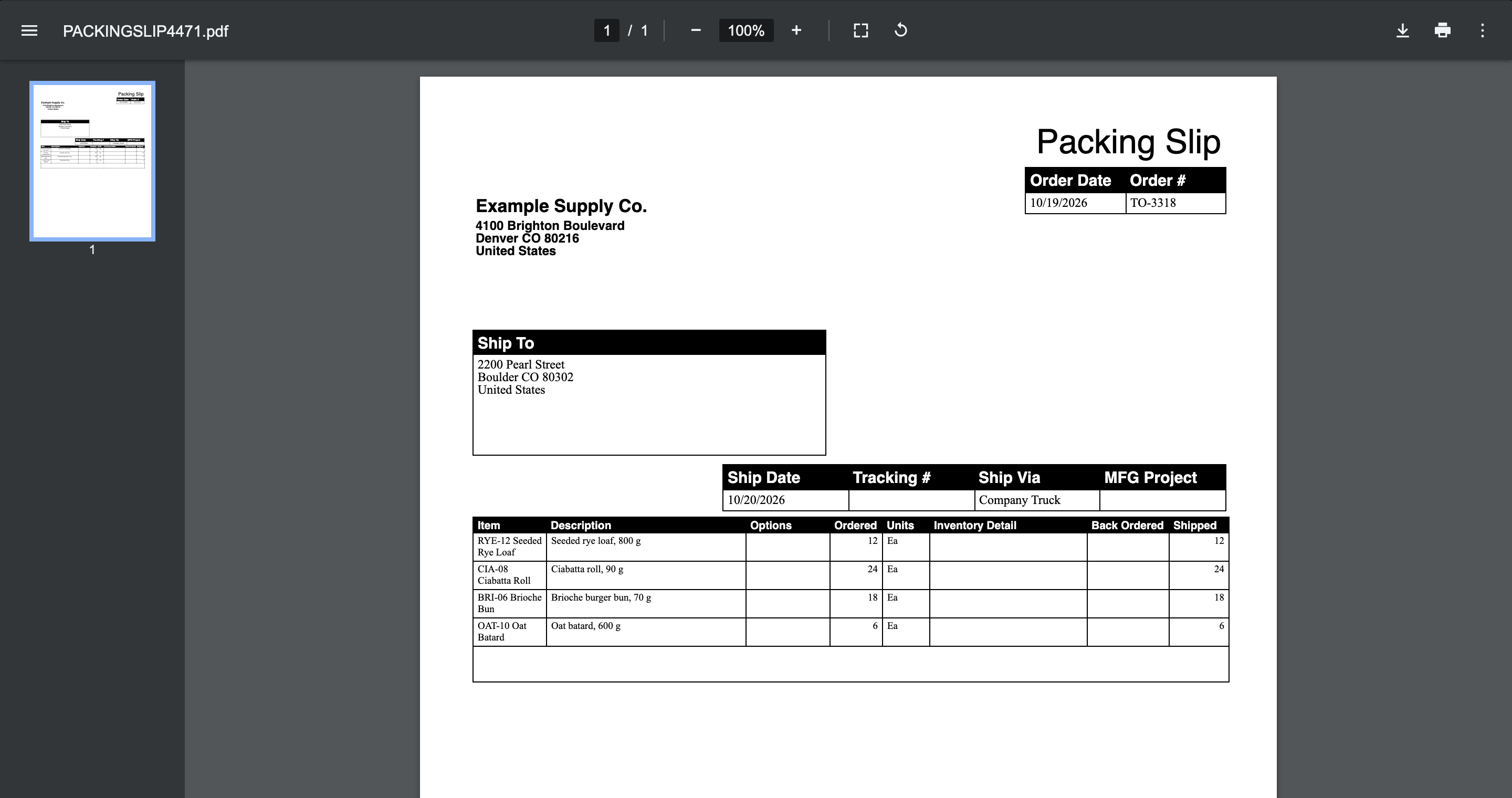 NetSuite packing slip PDF for TO-3318 with Order Date, Order #, Ship To, Ship Date, Ship Via and four item lines with Ordered and Shipped quantities