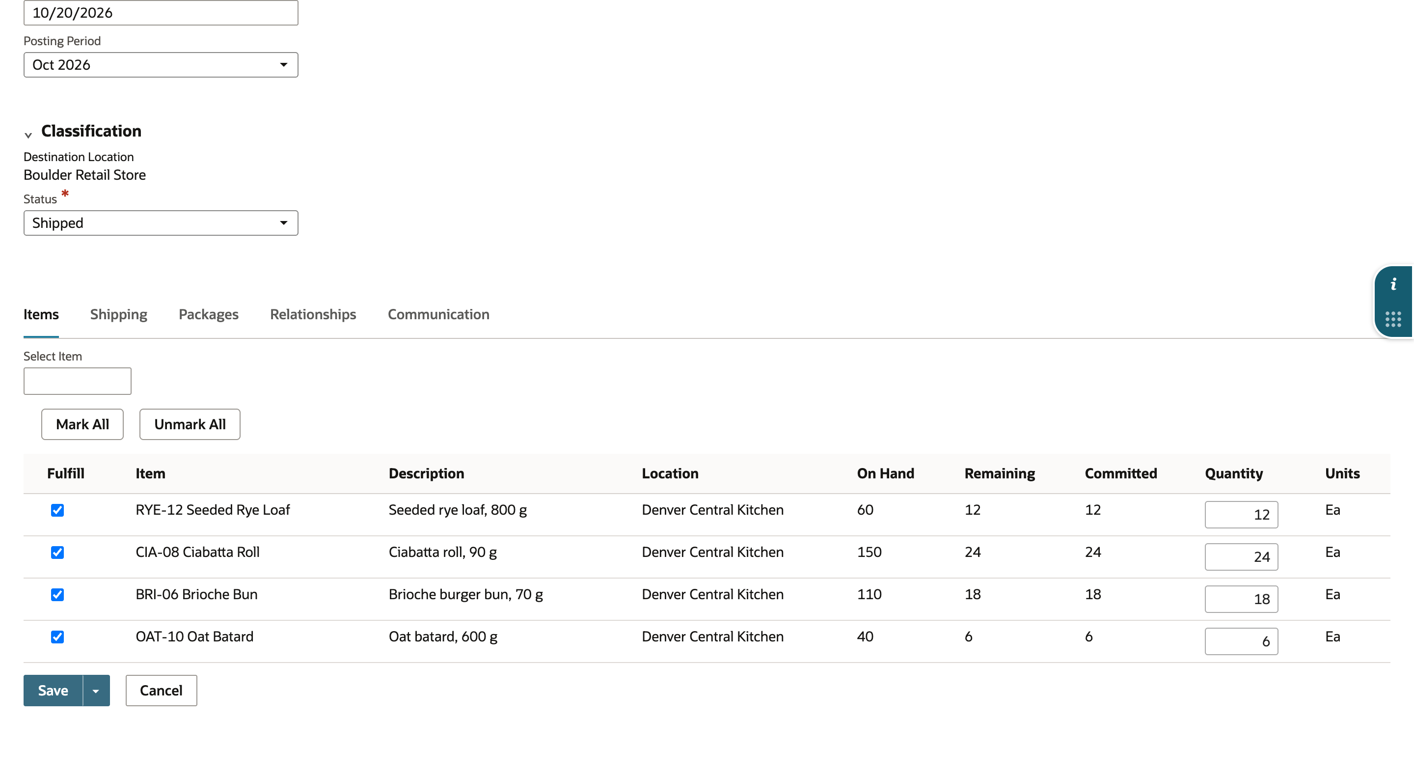 Items subtab of the NetSuite item fulfillment with four lines checked to fulfill at quantities 12, 24, 18 and 6
