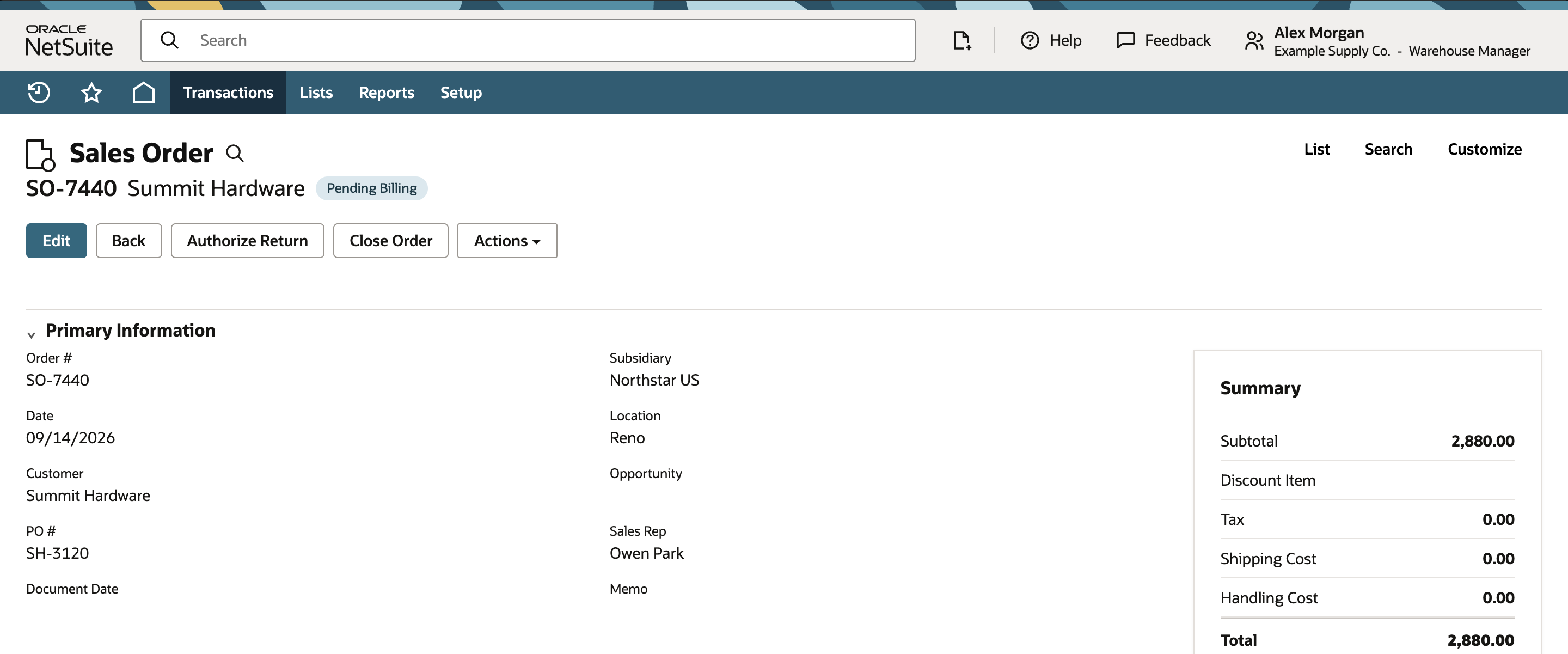 NetSuite sales order SO-7440 showing Pending Billing, Fulfilled twelve of twelve, and the order summary