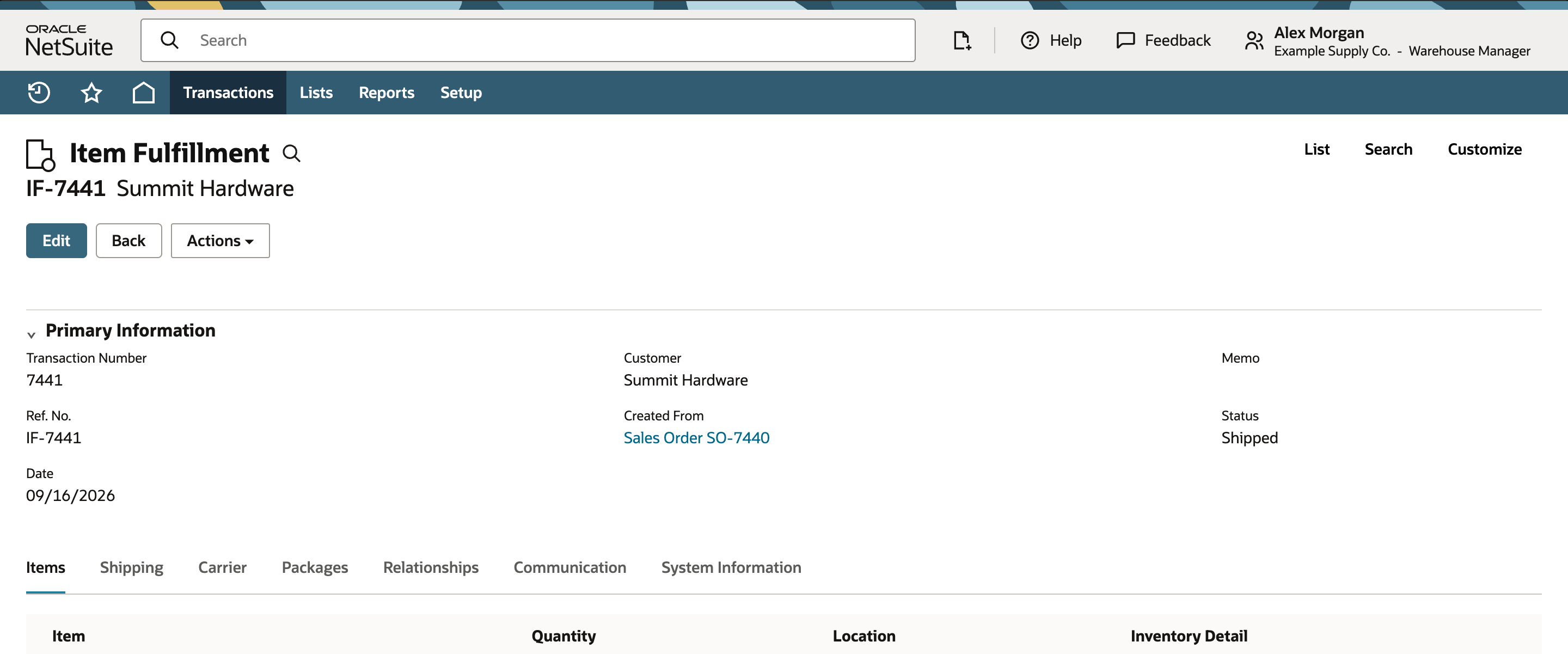 Saved NetSuite Item Fulfillment IF-7441 at Shipped for twelve Aurora Control Units