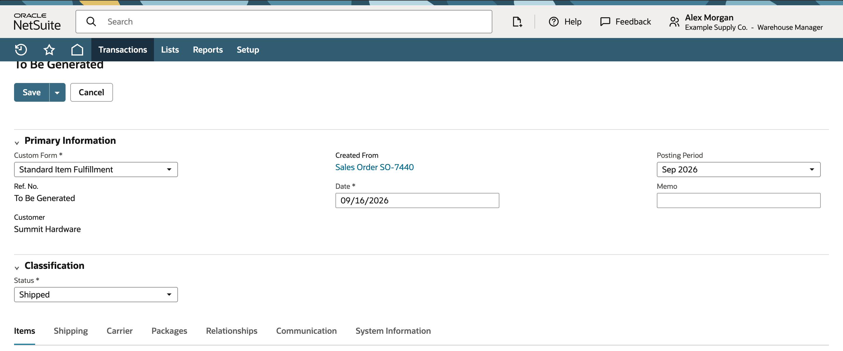 NetSuite Item Fulfillment line for twelve Aurora Control Units with BIN-FG-02 inventory detail