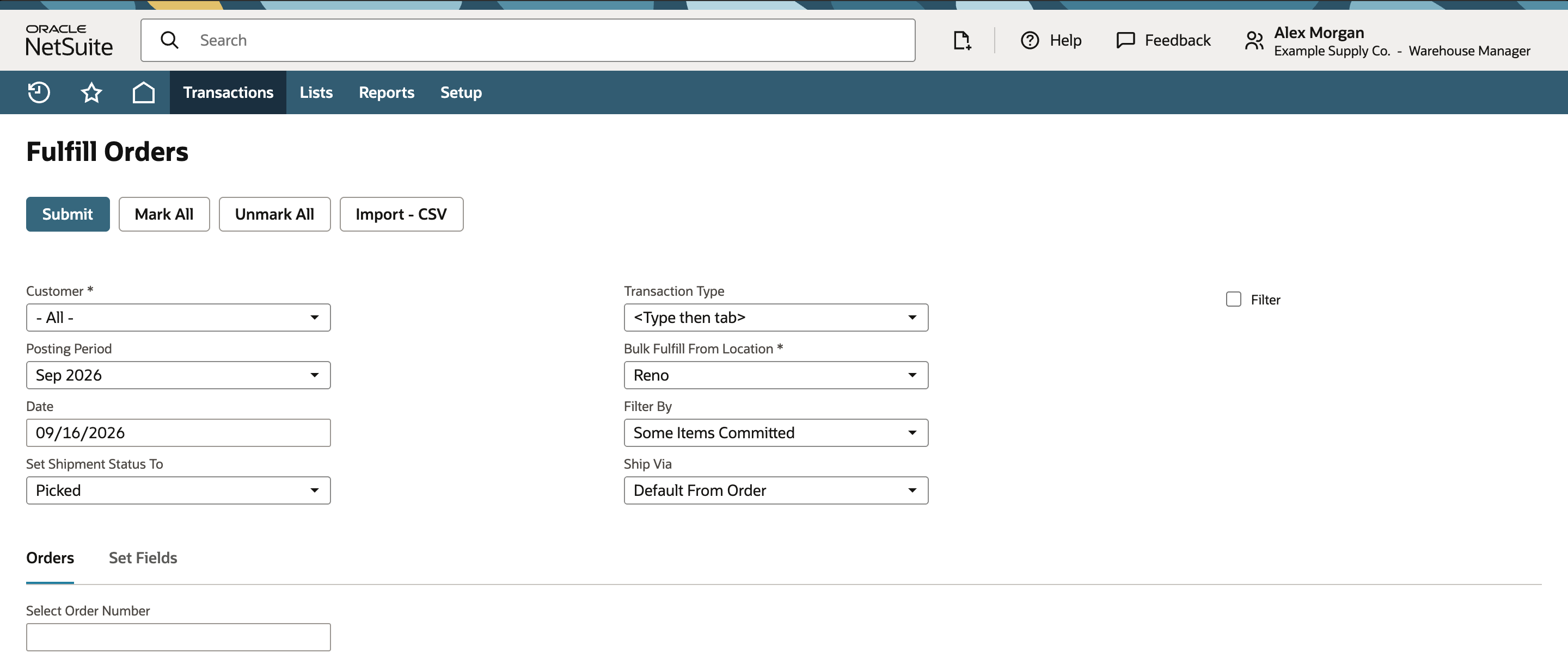 NetSuite Fulfill Orders queue filtered to Summit Hardware and Reno with sales order SO-7440