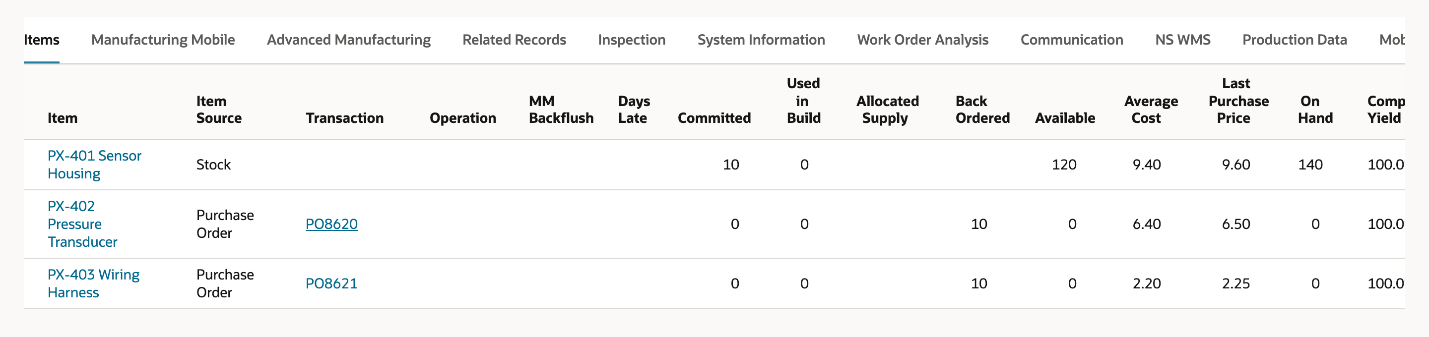 Work order Items subtab: PX-402 and PX-403 show Purchase Order as the item source with PO8620 and PO8621 in the Transaction column and Committed 0. PX-401 shows Committed 10.