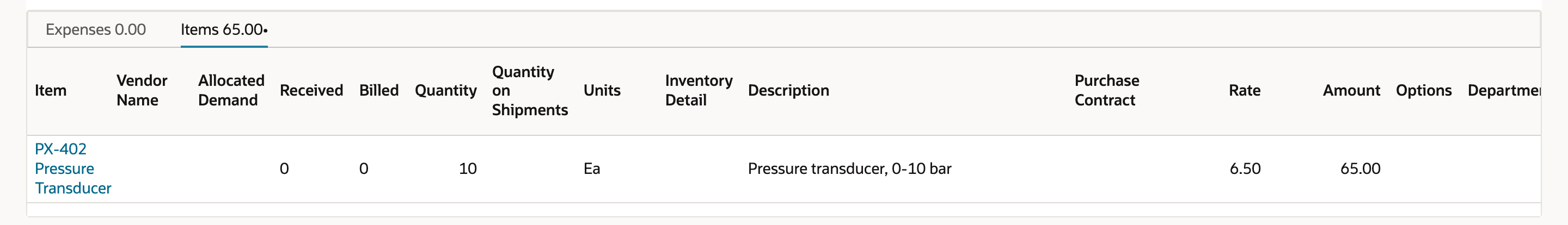 Purchase order line: PX-402 Pressure Transducer, Quantity 10, Rate 6.50, Amount 65.00.