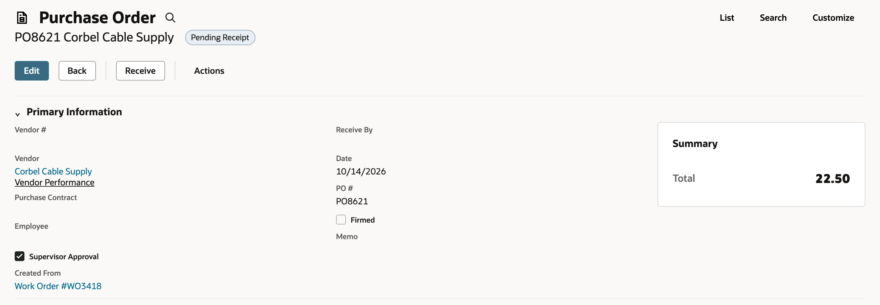 Purchase order PO8621 to Corbel Cable Supply with Created From Work Order WO3418 and a Summary Total of 22.50.