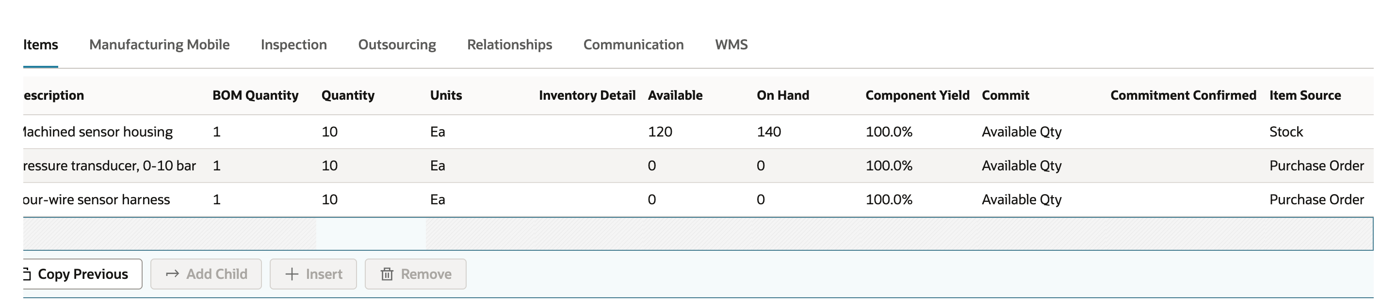 Work order Items subtab with Quantity 10 for each component and the Item Source column reading Stock, Purchase Order and Purchase Order.