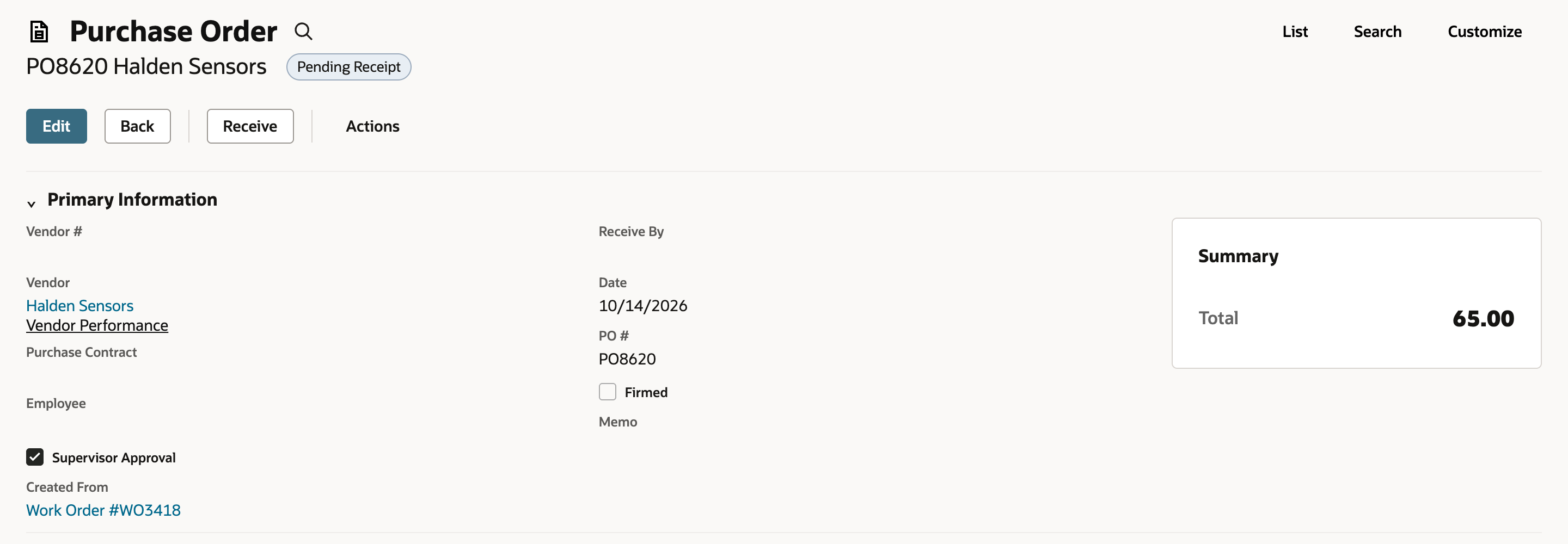 Purchase order PO8620 to Halden Sensors with a Pending Receipt badge, Created From Work Order WO3418 and a Summary Total of 65.00.
