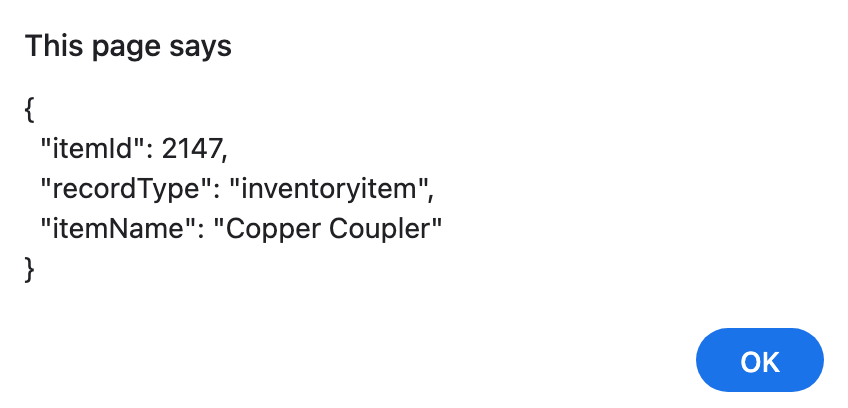 The actual local GET acknowledgment returns itemId 2147, inventoryitem and Copper Coupler. No account Suitelet or business-record save ran.