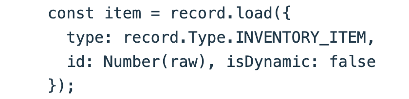 The receiver loads the intended record.Type.INVENTORY_ITEM after validating its positive integer parameter. Enlarge for the full read-only source.