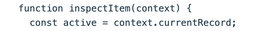 The handler reads context.currentRecord even though this button supplies no entry-point argument. Enlarge for the actual local TypeError.