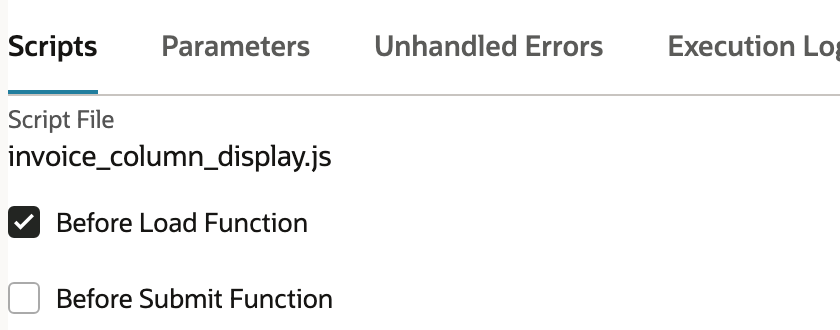 User Event script Invoice Column Display with API Version 2.1, script file invoice_column_display.js and Before Load Function checked.