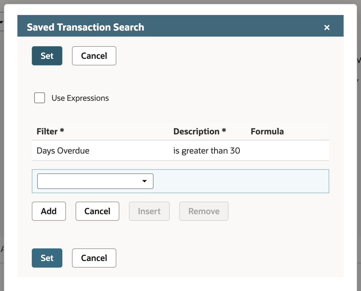The Saved Transaction Search popup lists one filter: Days Overdue, is greater than 30.