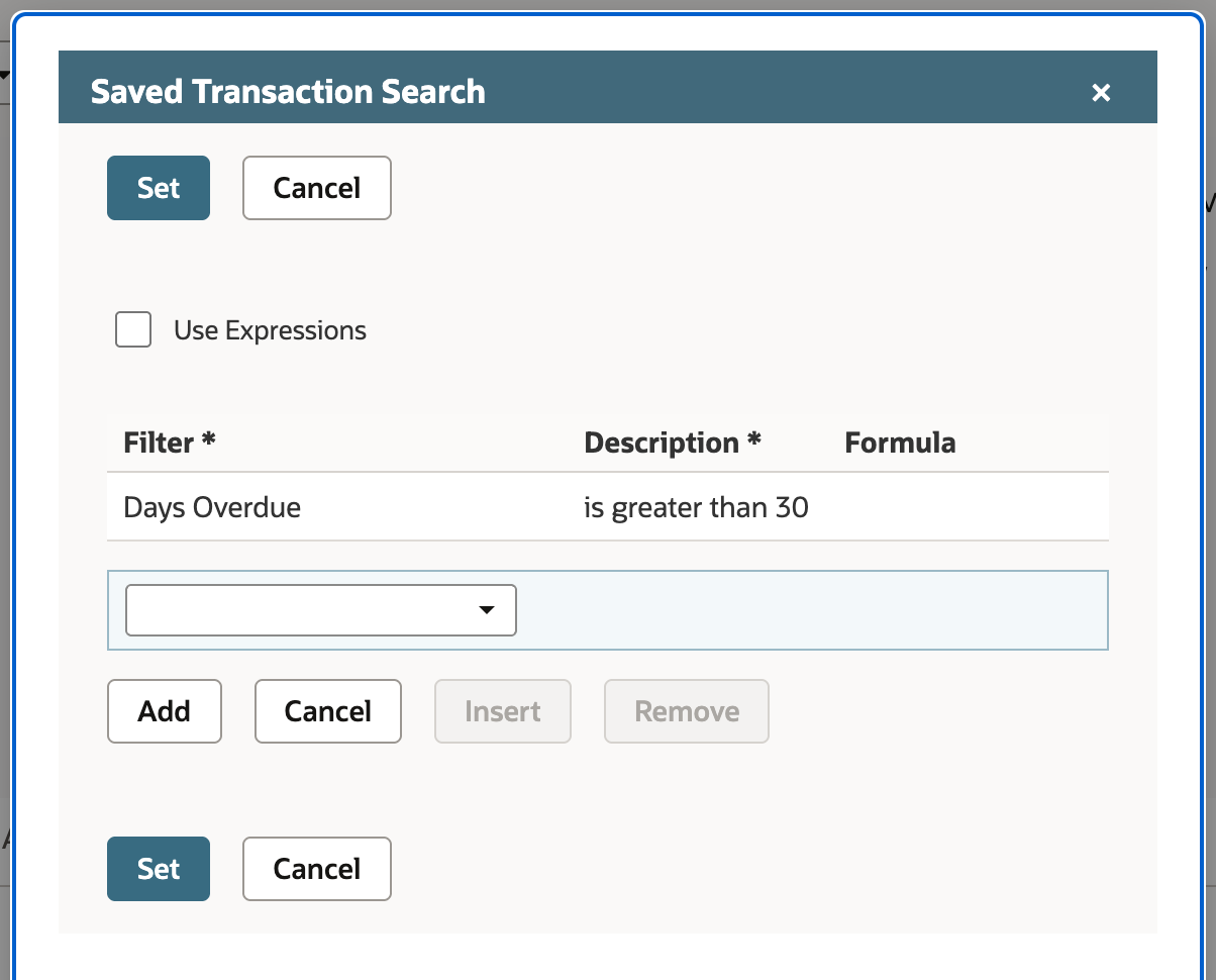 The Saved Transaction Search popup reopened for the existing rule, listing Days Overdue, is greater than 30. An arrow points to the is greater than 30 description.